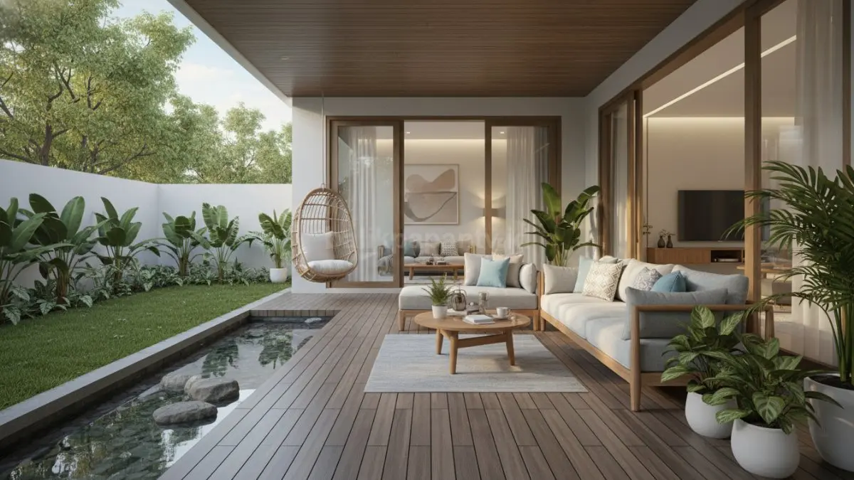 Rumah minimalis dengan teras outdoor nyaman dan desain tropis modern terbuka (BTV/Ai)