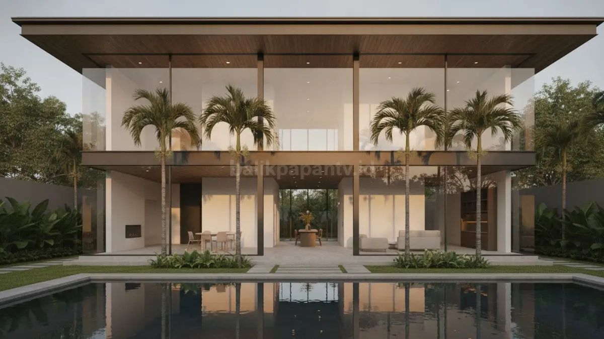 Rumah minimalis modern berdominasi kaca besar menghadirkan pencahayaan alami hangat, ruang terasa luas, nyaman, dan elegan. (BTV/AI)
