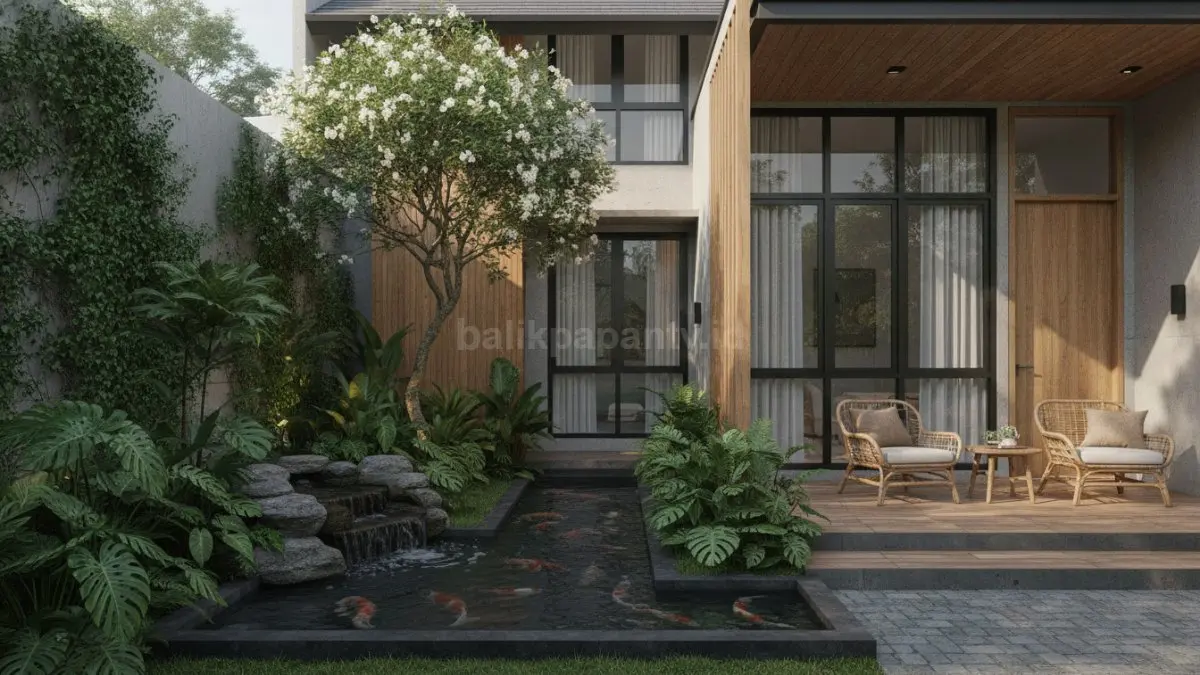 Rumah minimalis modern tropis dengan taman hijau yang menciptakan suasana nyaman dan segar. (BTV/Ai)