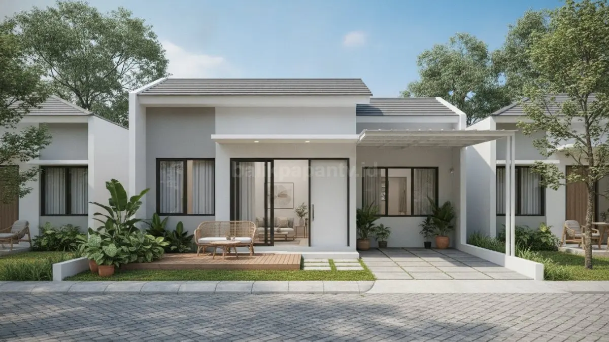 Rumah minimalis tipe 36 modern dengan tata ruang fungsional dan taman depan yang rapi. (BTV/Ai)