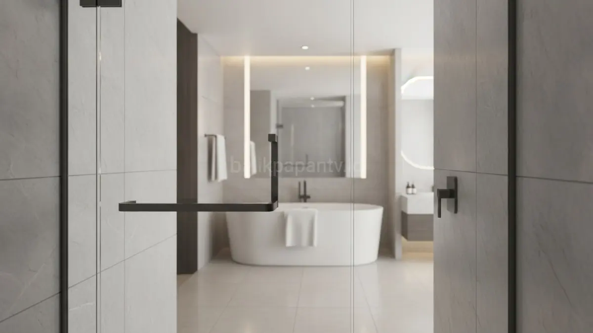 Sistem hardware tersembunyi menghadirkan kamar mandi frameless yang bersih, tenang, dan tampak lebih premium.(BTV/AI) 