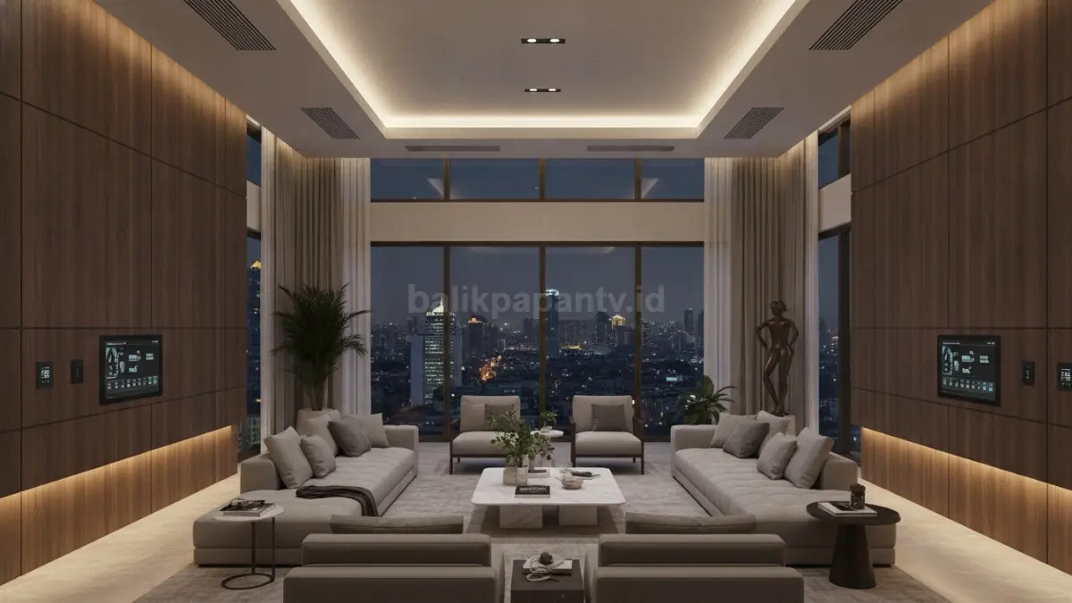 Smart integrated interior menggabungkan teknologi rumah pintar untuk pencahayaan, suhu, dan keamanan terintegrasi. (BTV/AI)