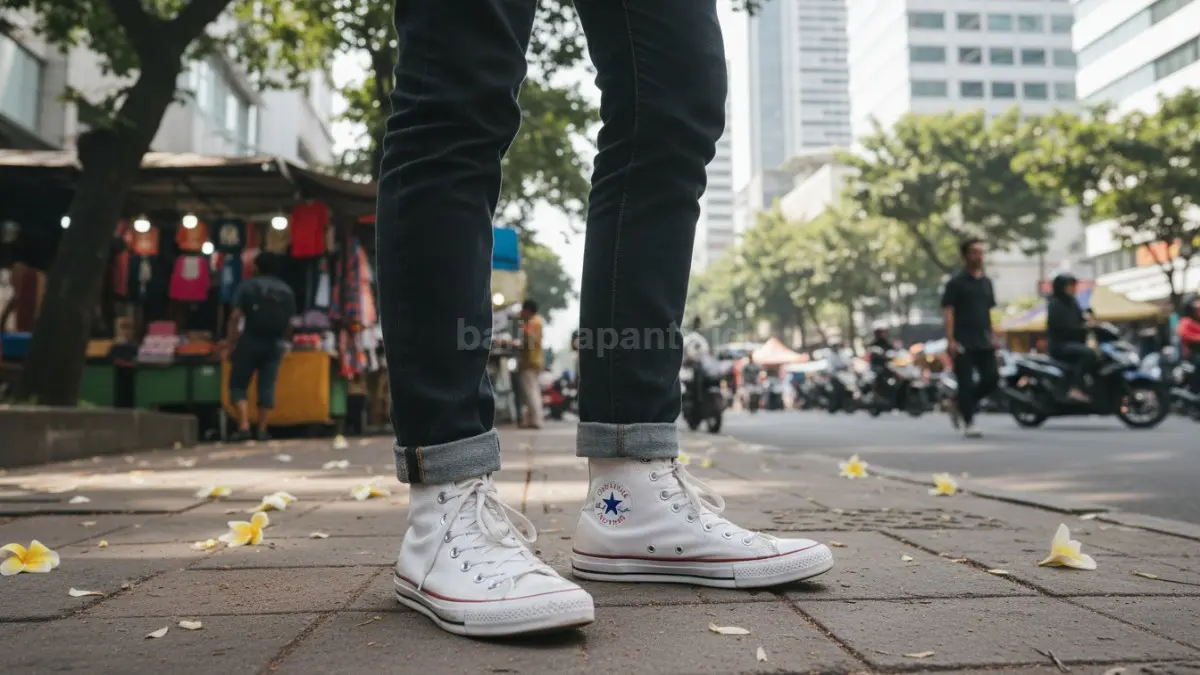 Sneakers klasik melengkapi outfit kasual dengan nyaman, serbaguna, dan mudah dipadukan sehari-hari.  (BTV/AI)