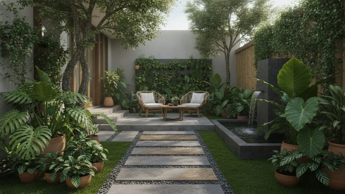 Taman kecil modern di lahan terbatas dengan tanaman hijau dan jalur batu alam yang rapi (BTV/Ai)