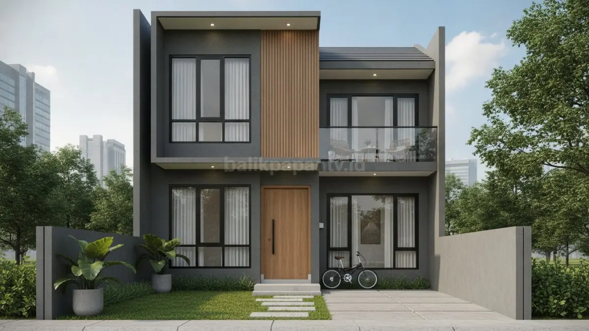 Tampilan rumah minimalis type 46 gaya urban dengan fasad modern dan taman kecil yang fungsional. (BTV/Ai)