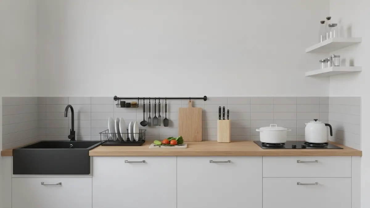 Tata letak dapur satu garis dengan zona jelas menjaga gerak nyaman efisien pada ruang kecil. (BTV/AI)
