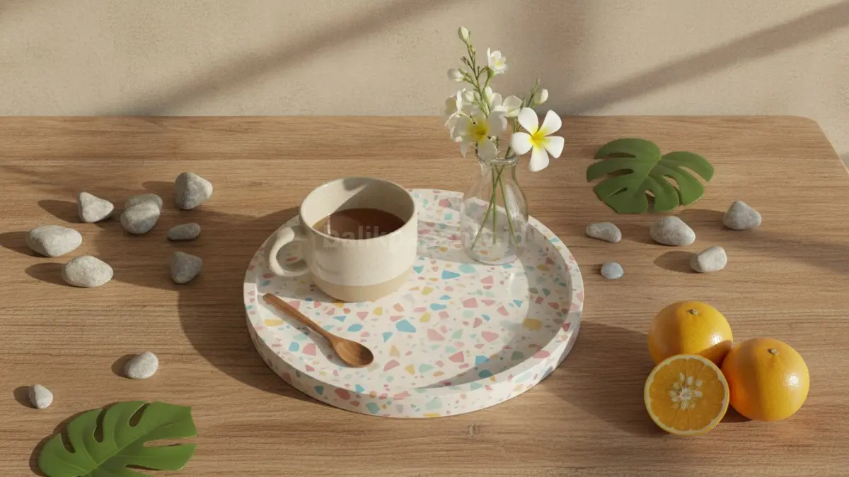 Terrazzo warna pastel menghadirkan suasana hangat, segar, dan nyaman untuk dekorasi ruangan modern.  (BTV/AI)