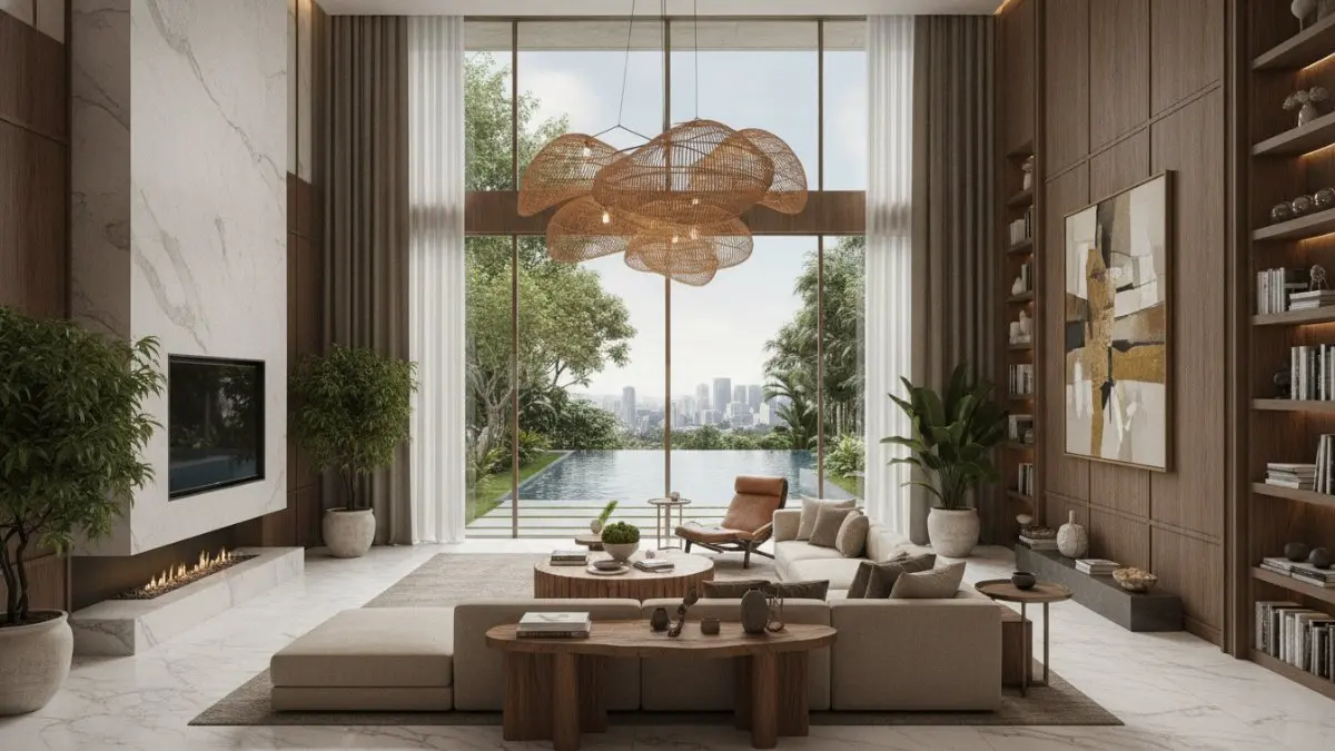 Transformasi hunian mewah, interior, dan rumah selebriti global jadi inspirasi desain modern 2025–2026. (BTV/AI)
