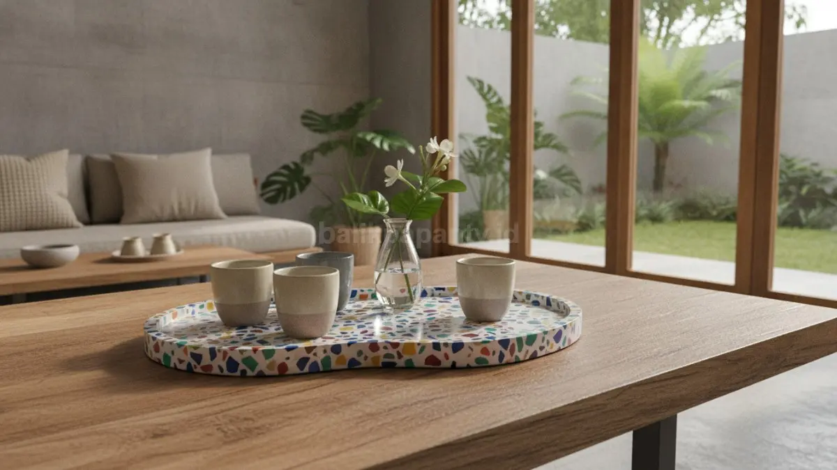 Tray terrazzo bentuk organik menghadirkan kesan artistik unik, melembutkan tampilan ruangan modern minimalis.  (BTV/AI)