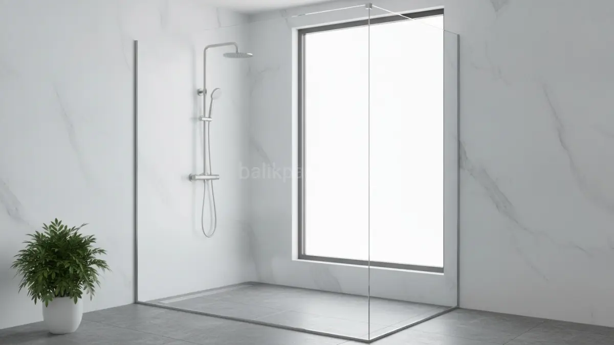 Ultra-clear tempered glass tanpa bingkai menciptakan kesan ruang terbuka, terang, dan minimalis pada kamar mandi modern.(BTV/AI) 