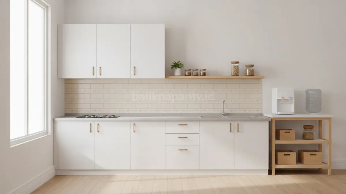 Warna netral dengan satu aksen fungsional putih  memantulkan cahaya tambah backsplash. (BTV/AI)
