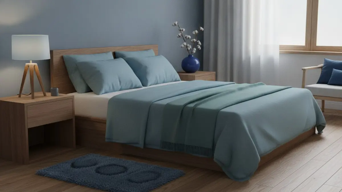 Aksesori biru lembut seperti bantal, vas, dan karpet menghadirkan nuansa segar tanpa mengecat dinding terlebih dahulu. (BTV/AI)
