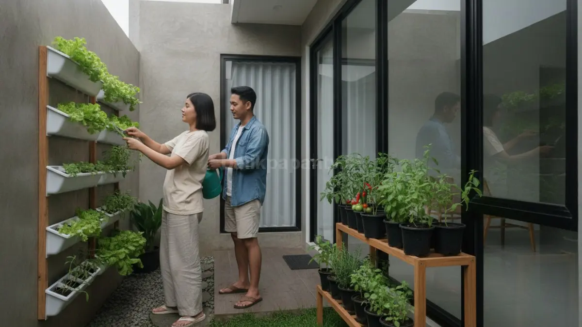 Aktivitas berkebun di rumah dengan tanaman sayur dan herbal yang tumbuh subur di area terbatas.
