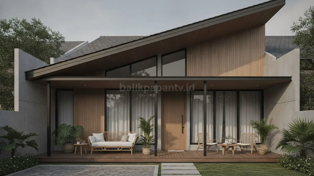 Atap miring dengan teras memanjang menciptakan area teduh yang nyaman sekaligus mempercantik tampilan rumah. (BTV/Ai)