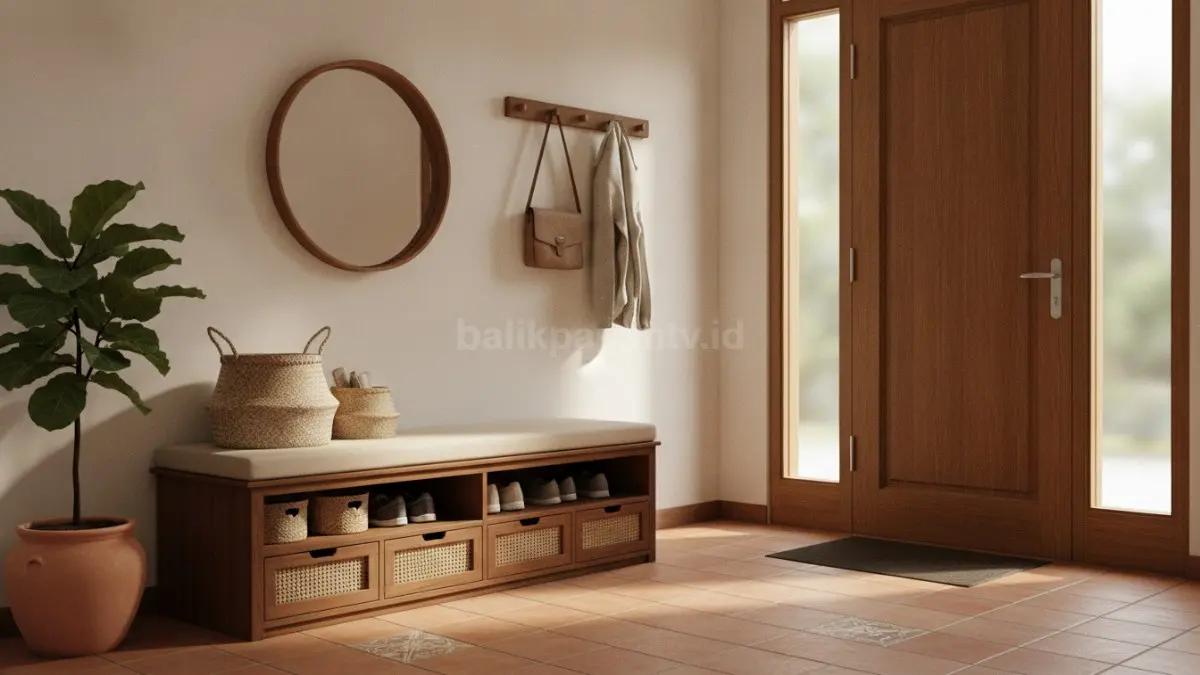Bangku penyimpanan multifungsi membantu area pintu masuk tetap rapi dan nyaman digunakan.  (BTV/AI)