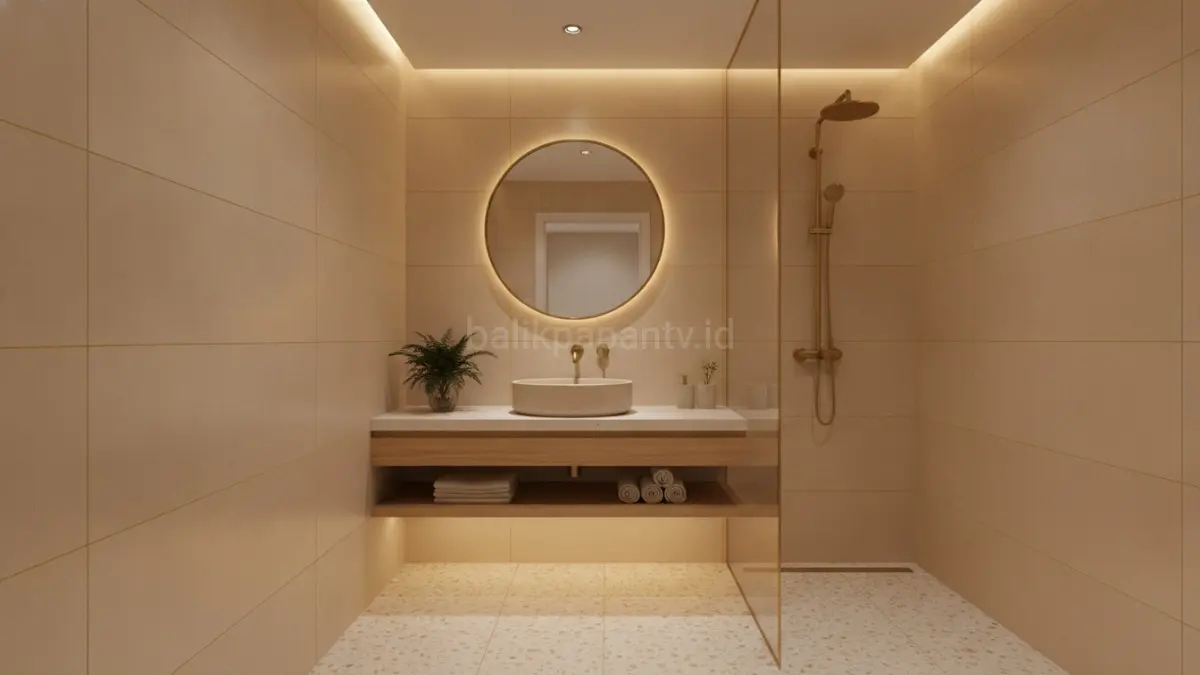 Beige hangat menciptakan suasana ramah, terang, dan nyaman pada kamar mandi modern.(BTV/AI)
