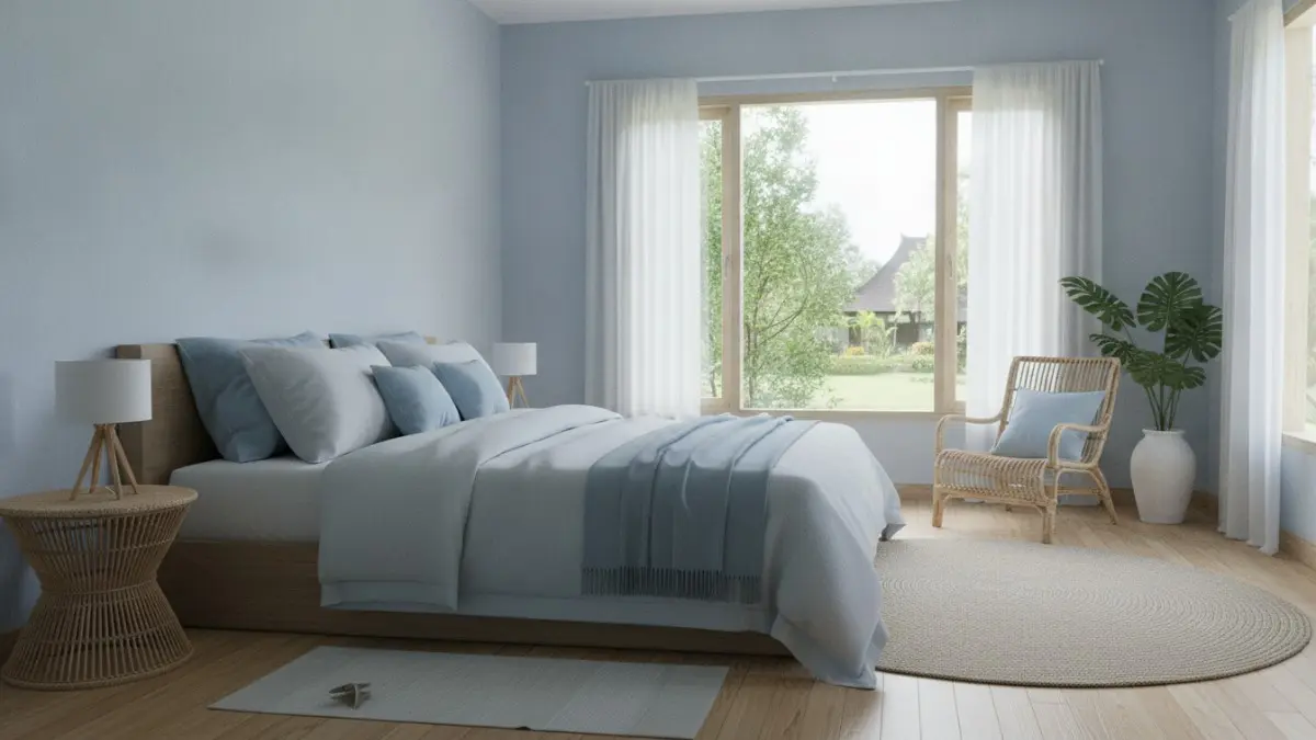 buat keterangan gambar singkat padat 15 kata: Kamar tidur bernuansa biru pucat dengan cahaya alami menciptakan suasana tenang dan lapang. (BTV/AI)
