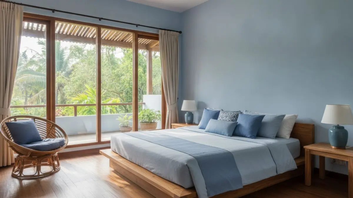 Cahaya alami memperkuat keindahan biru pucat, membuat kamar terasa hidup, lapang, dan menenangkan sepanjang hari. (BTV/AI)
