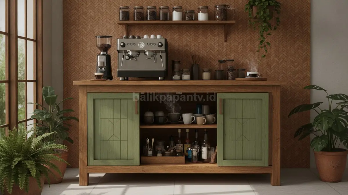 Coffee bar dengan kabinet tertutup menjaga perlengkapan kopi tersimpan rapi dan terorganisir sempurna.  (BTV/AI)