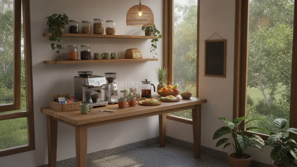 Coffee corner multifungsi menggabungkan area kopi dan sarapan ringan untuk aktivitas harian efisien.  (BTV/AI)