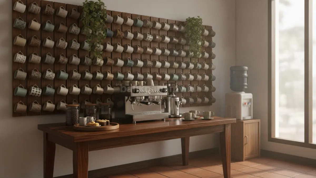 Coffee station dengan rak mug vertikal menghemat ruang sekaligus meningkatkan kapasitas penyimpanan praktis.  (BTV/AI)