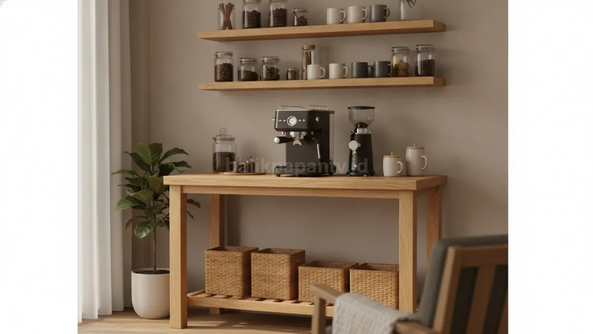 Coffee station kayu dan warna netral menghadirkan suasana hangat, nyaman, serta estetis modern.  (BTV/AI)