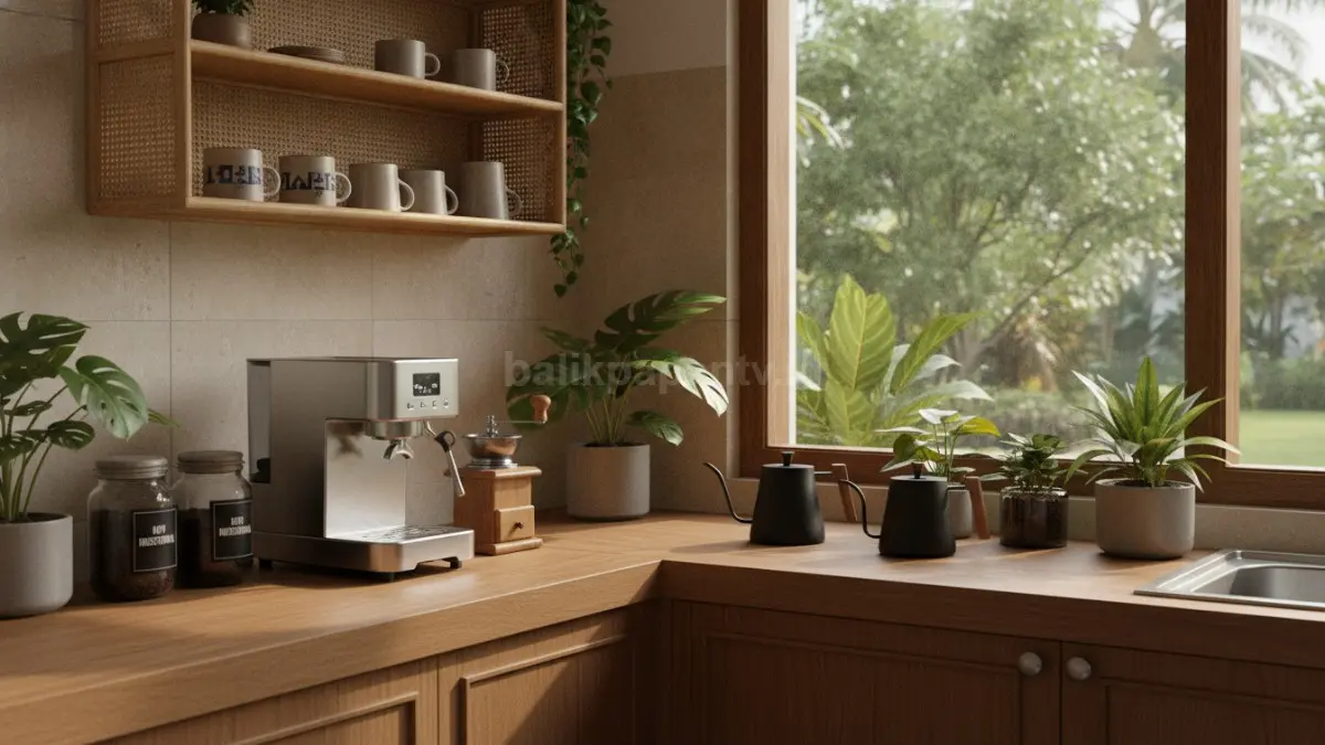 Coffee station minimalis di sudut dapur memadukan mesin kopi, gelas, dan penyimpanan praktis rapi.  (BTV/AI)

