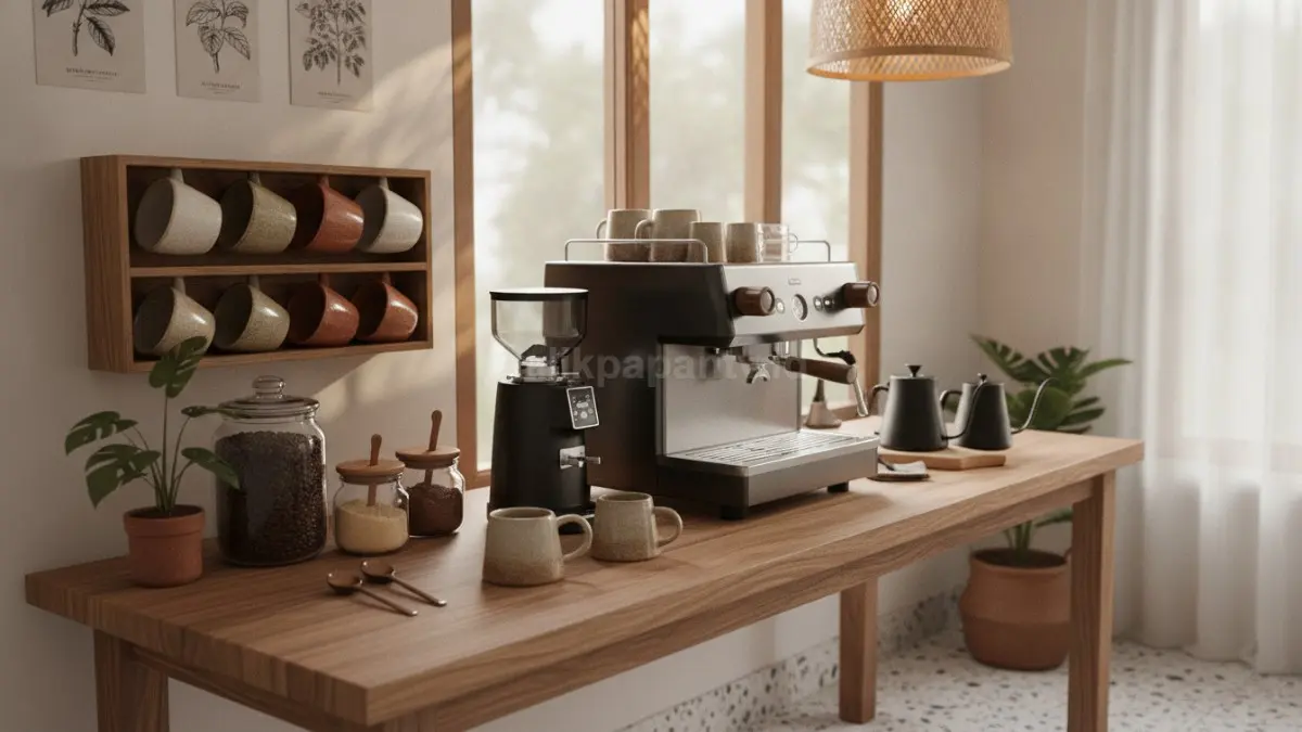 Coffee station rumahan modern menciptakan sudut kopi yang rapi, hangat, dan fungsional.  (BTV/AI)