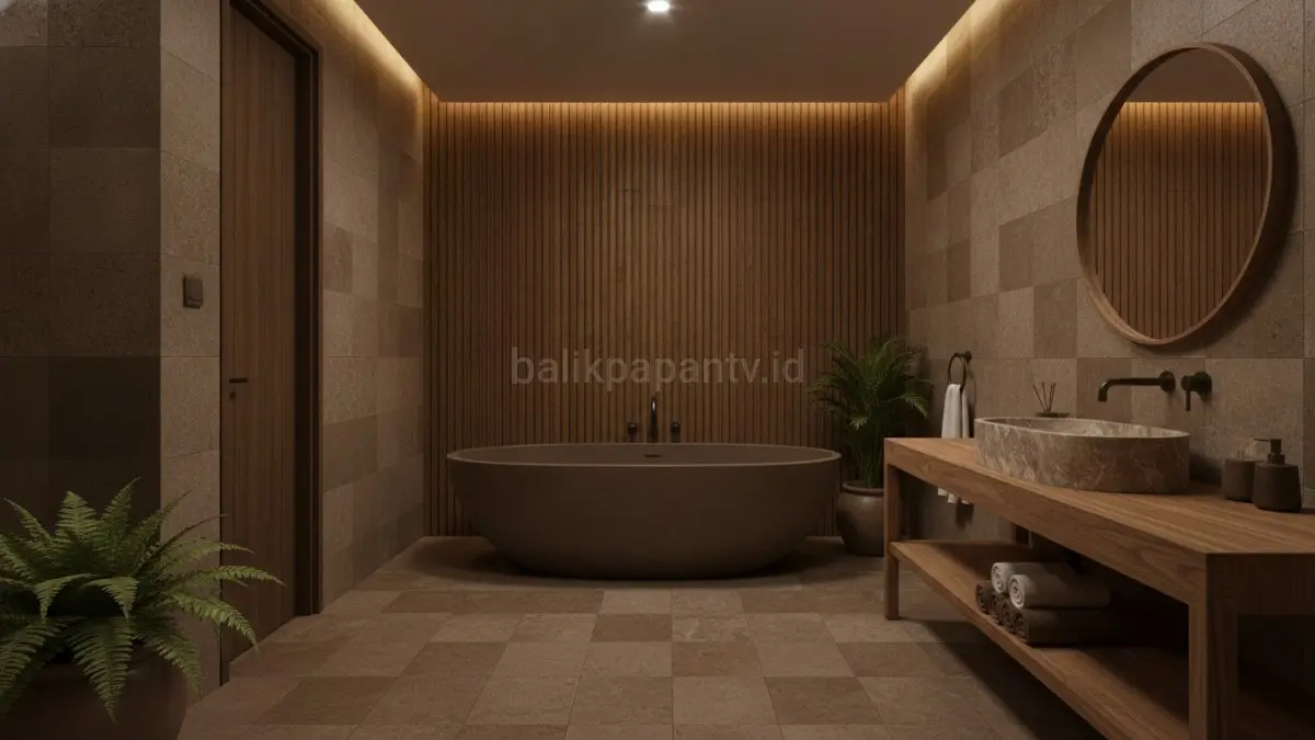 Cokelat tanah menghadirkan kedalaman visual, kehangatan alami, dan suasana kamar mandi yang menenangkan.(BTV/AI)
