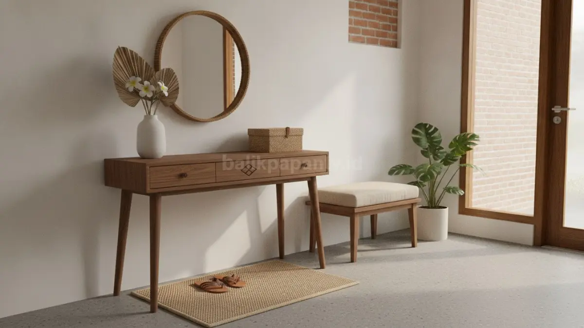 Dekorasi entryway sederhana menghadirkan area masuk rumah yang rapi, nyaman, dan fungsional.  (BTV/AI)
