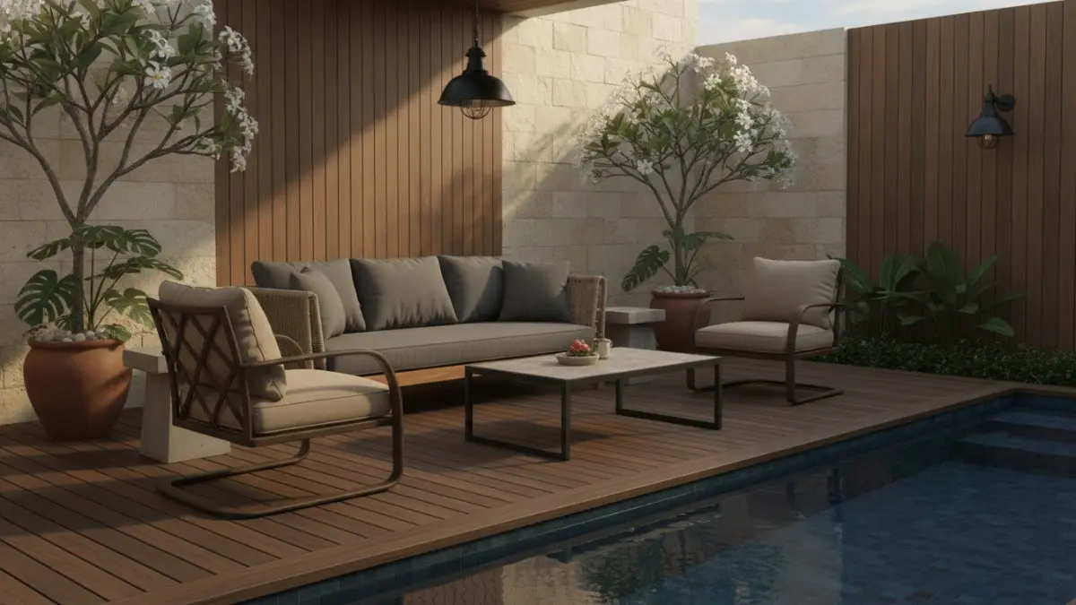 Furnitur tahan cuaca berbahan kayu dan logam menghadirkan kenyamanan, ketahanan, serta tampilan elegan untuk halaman outdoor. (BTV/AI)
