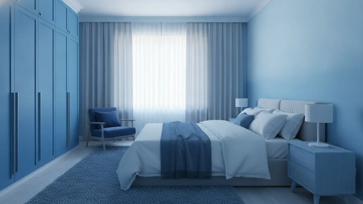 Gradasi beberapa tingkat warna biru menciptakan dimensi visual elegan tanpa membuat kamar terasa ramai berlebihan. (BTV/AI)
