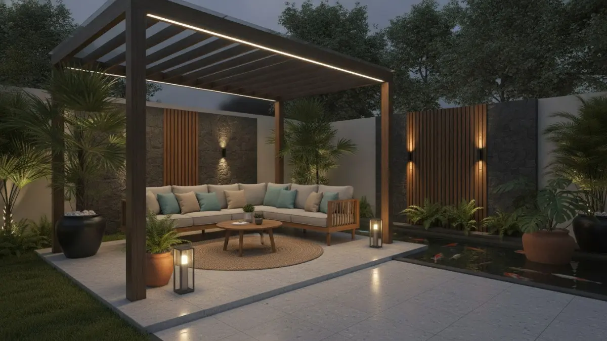 Halaman belakang modern 2026 dengan pergola, lampu taman berlapis, dan area duduk nyaman untuk keluarga. (BTV/AI)