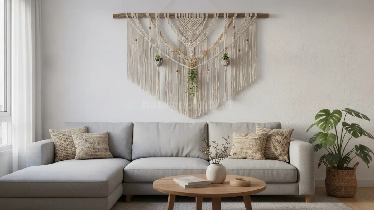 Hiasan dinding macrame boho bernuansa natural mempercantik ruang tamu modern dengan karakter hangat.  (BTV/AI)