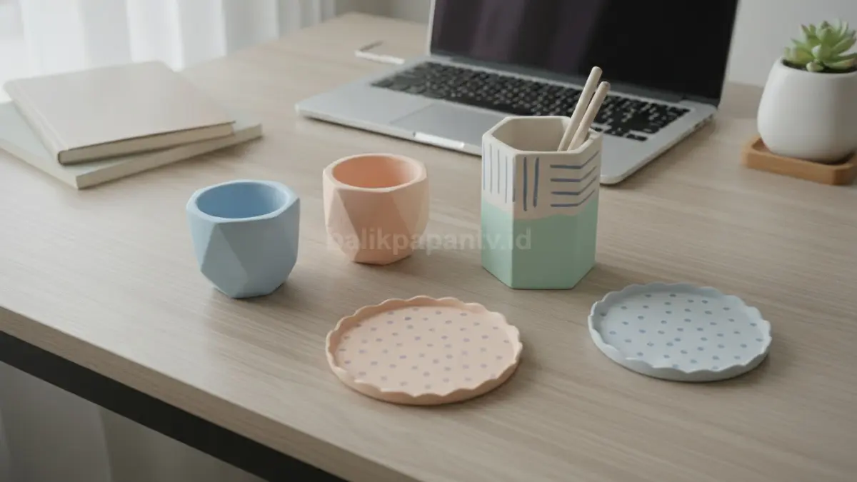 Hiasan meja air dry clay sederhana memberi sentuhan personal pada ruang kerja modern.  (BTV/AI)
