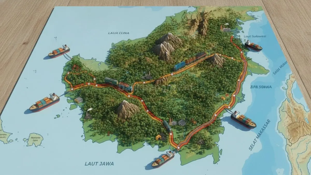Ilustrasi rencana pembangunan Kereta Api Trans Kalimantan untuk memperkuat konektivitas dan logistik antardaerah.