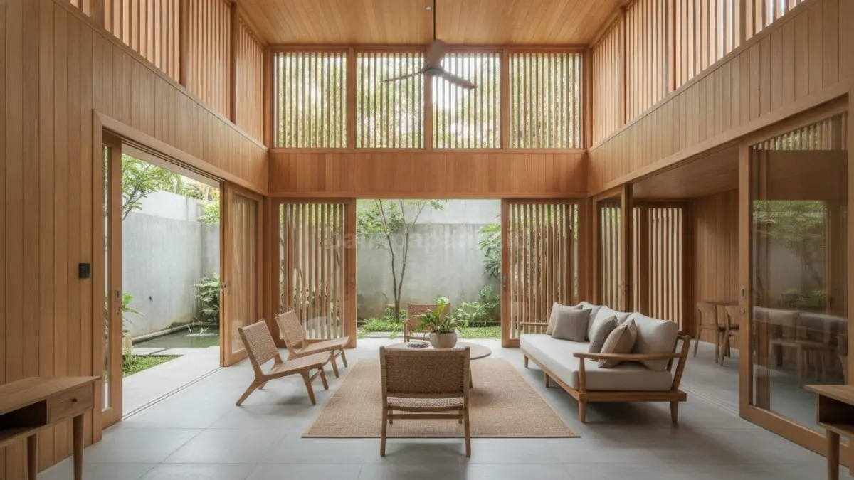 Interior rumah kayu minimalis yang memaksimalkan ventilasi dan kenyamanan penghuni.

