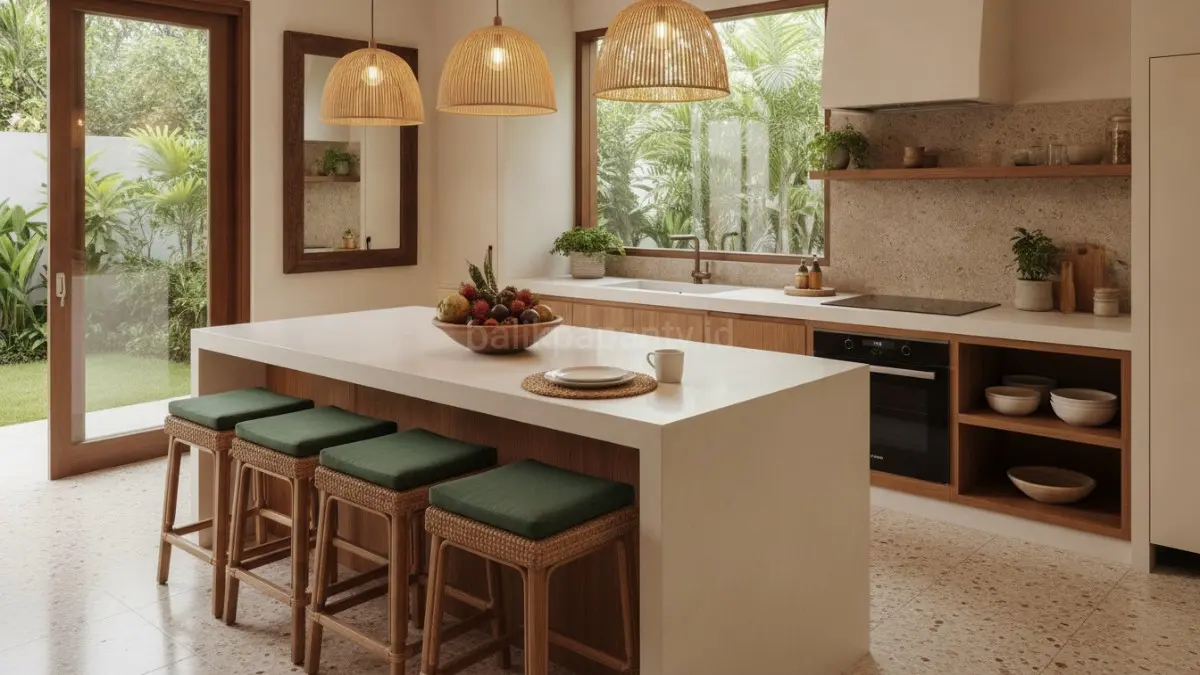 Island dapur terintegrasi meja makan menciptakan alur aktivitas praktis dalam satu ruang modern.(BTV/AI) 