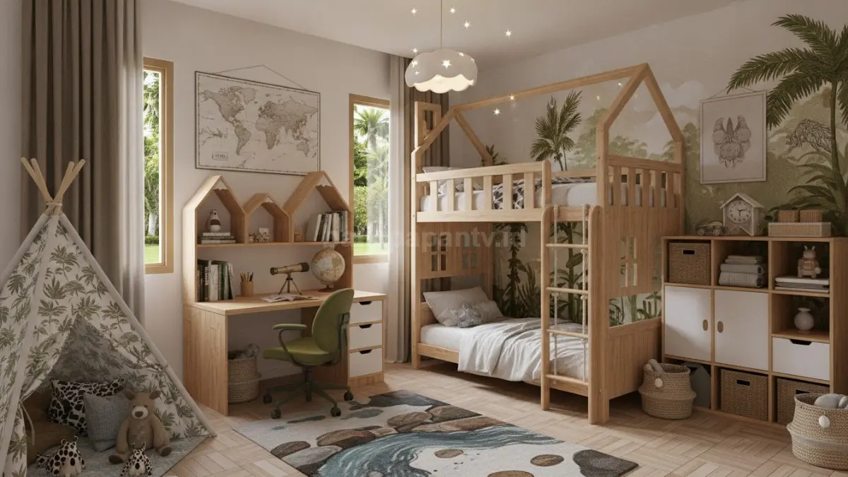 Kamar anak tema petualang alam dengan area belajar dan penyimpanan multifungsi yang nyaman digunakan setiap hari.
