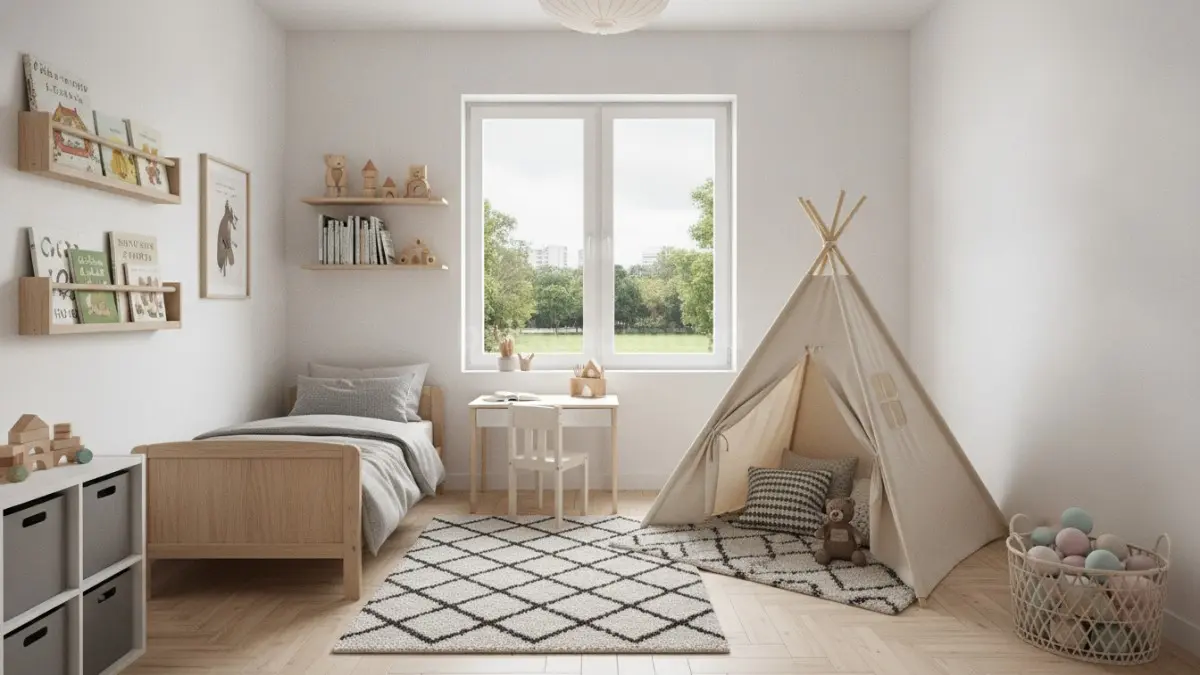 Kamar anak tema Scandinavian modern dengan furnitur sederhana dan ruang bermain yang tertata rapi.
