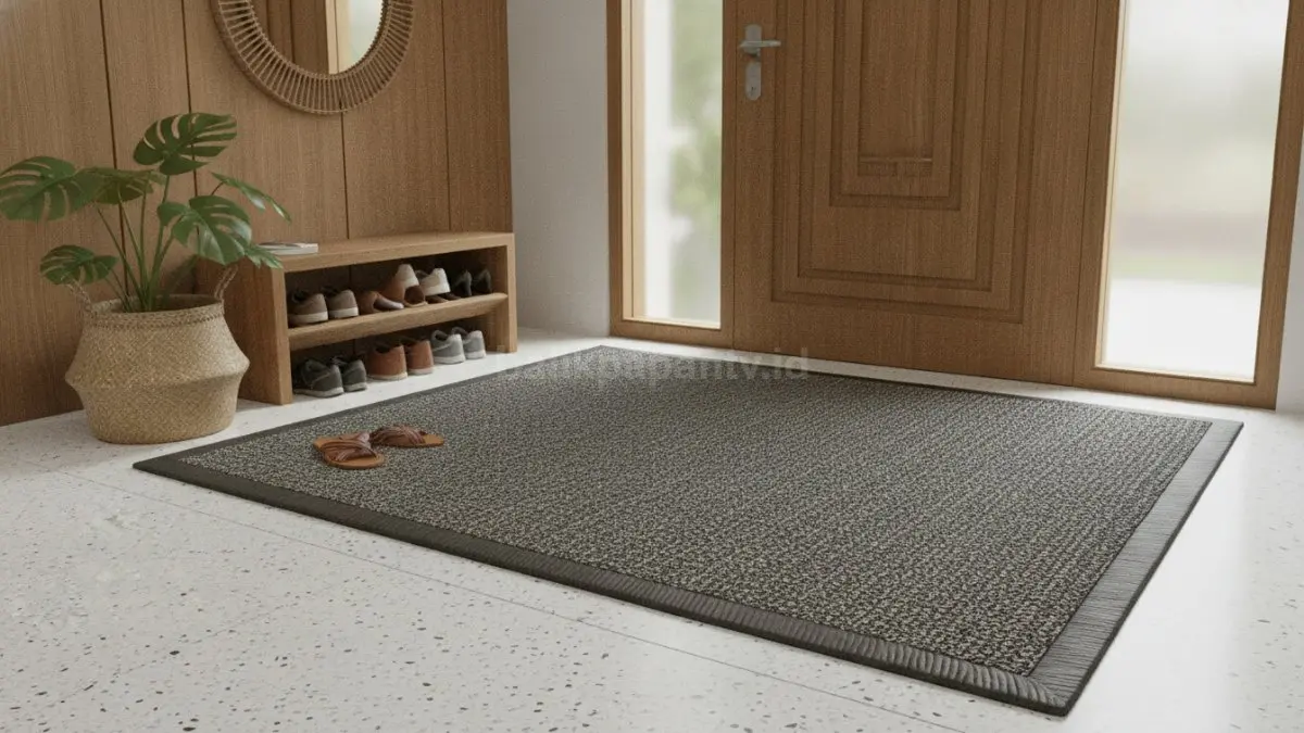 Karpet entryway bertekstur menjaga kebersihan lantai dan mempertegas area masuk rumah modern.  (BTV/AI)