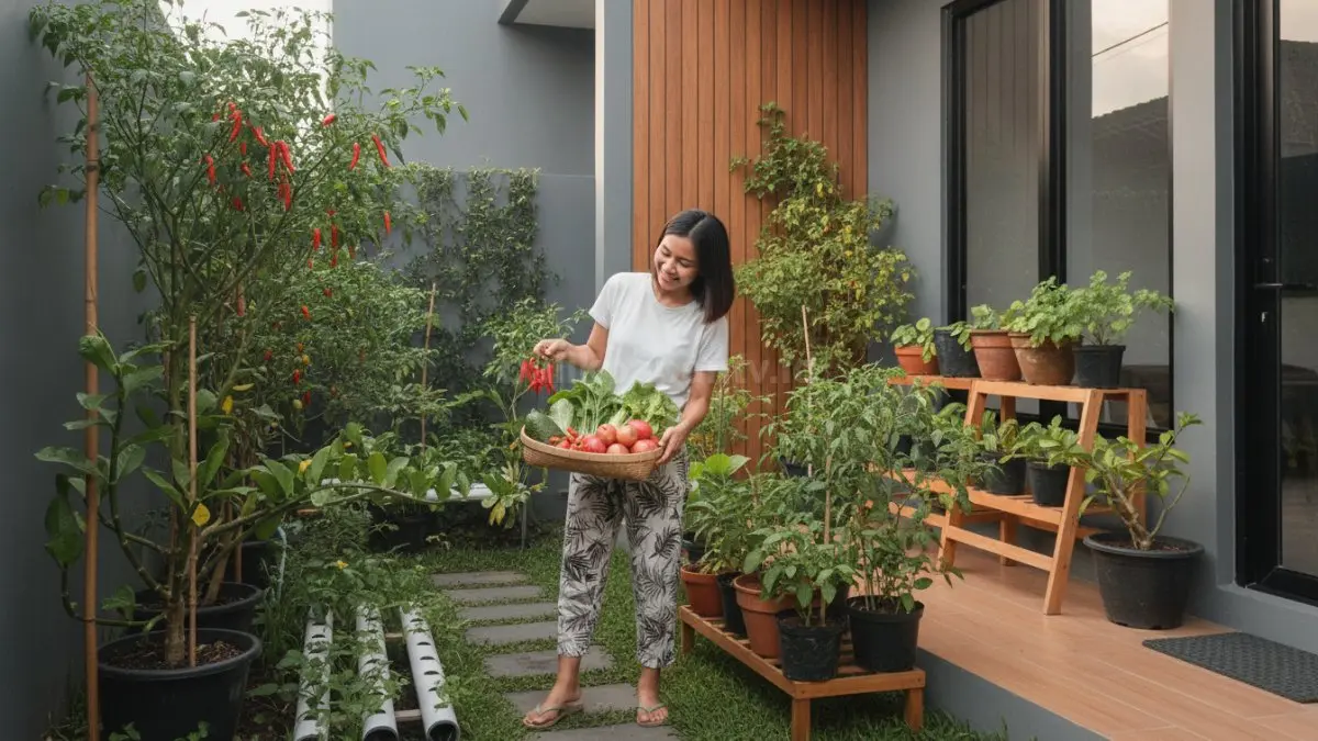 Kebun rumah berisi sayuran dan buah dalam pot yang produktif untuk kebutuhan harian keluarga. (BTV/Ai)