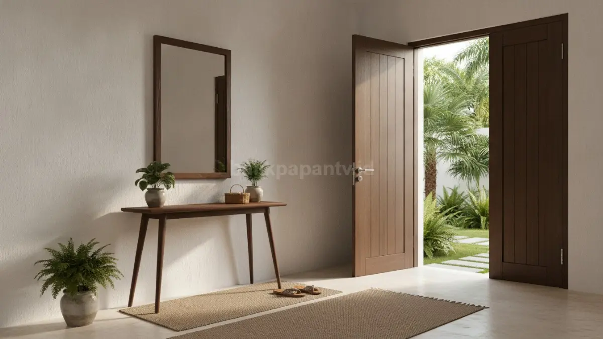 Konsol tipis dan cermin vertikal membuat entryway rapi, fungsional, serta terasa luas.  (BTV/AI)