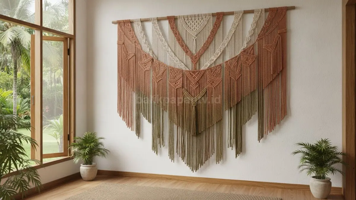 Macrame berlapis gradasi panjang mengisi dinding tinggi dengan tampilan dinamis dan proporsional menarik.  (BTV/AI)