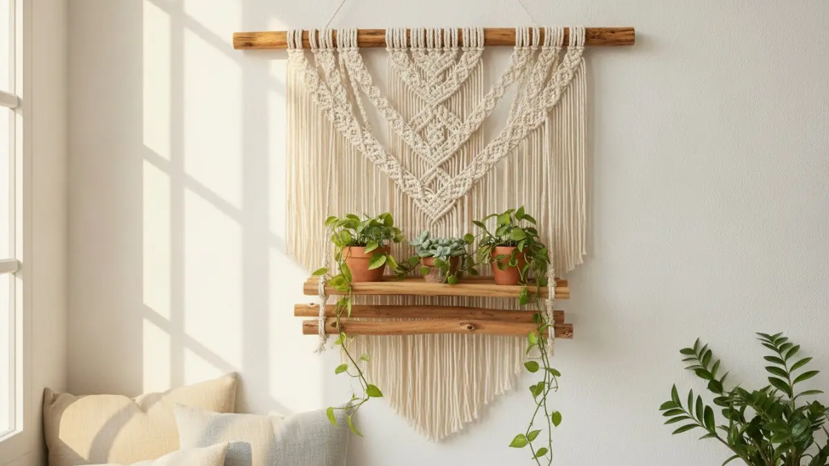 Macrame dan kayu alami menghadirkan nuansa hangat Scandinavian dengan tampilan bersih serta menenangkan.  (BTV/AI)