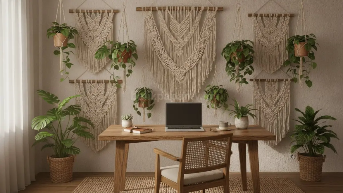 Macrame dan tanaman gantung menciptakan ruang kerja rumah yang segar, nyaman, dan alami.  (BTV/AI)