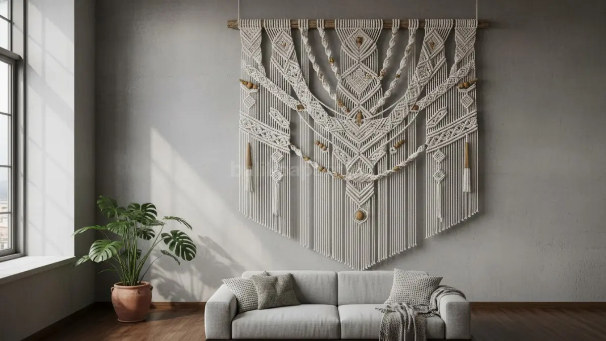 Macrame geometris kontemporer menghadirkan sentuhan artistik modern untuk apartemen dan rumah urban.  (BTV/AI)