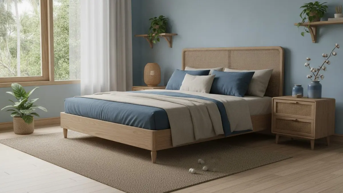 Material alami seperti kayu, rotan, dan tanaman hias menghangatkan kamar bernuansa biru dengan harmonis alami. (BTV/AI)
