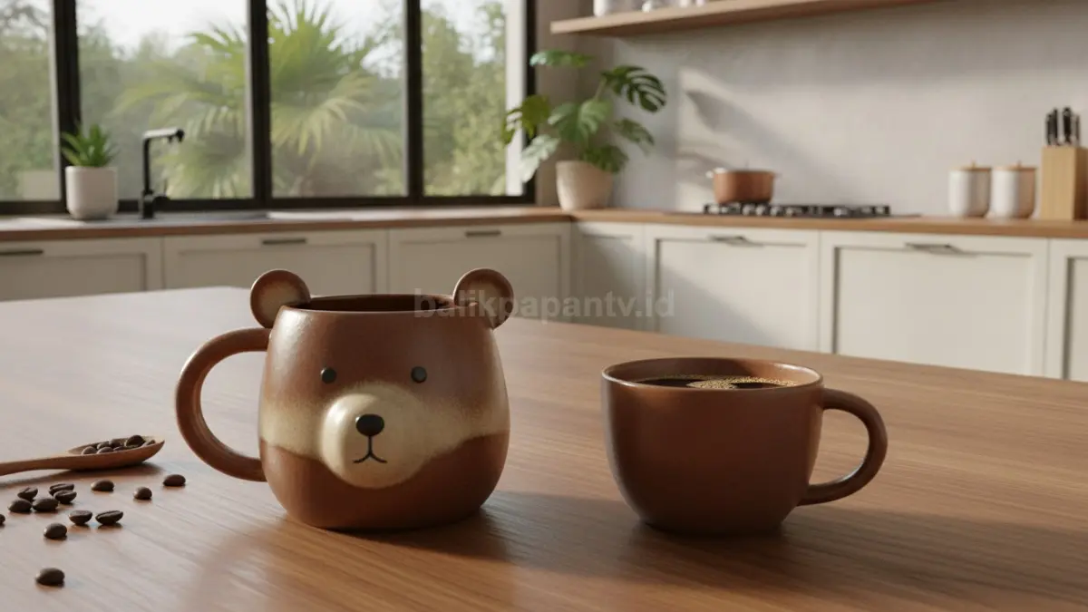Mug beruang bernuansa cokelat retro menghadirkan kesan vintage yang hangat dan menawan. (BTV/Ai)