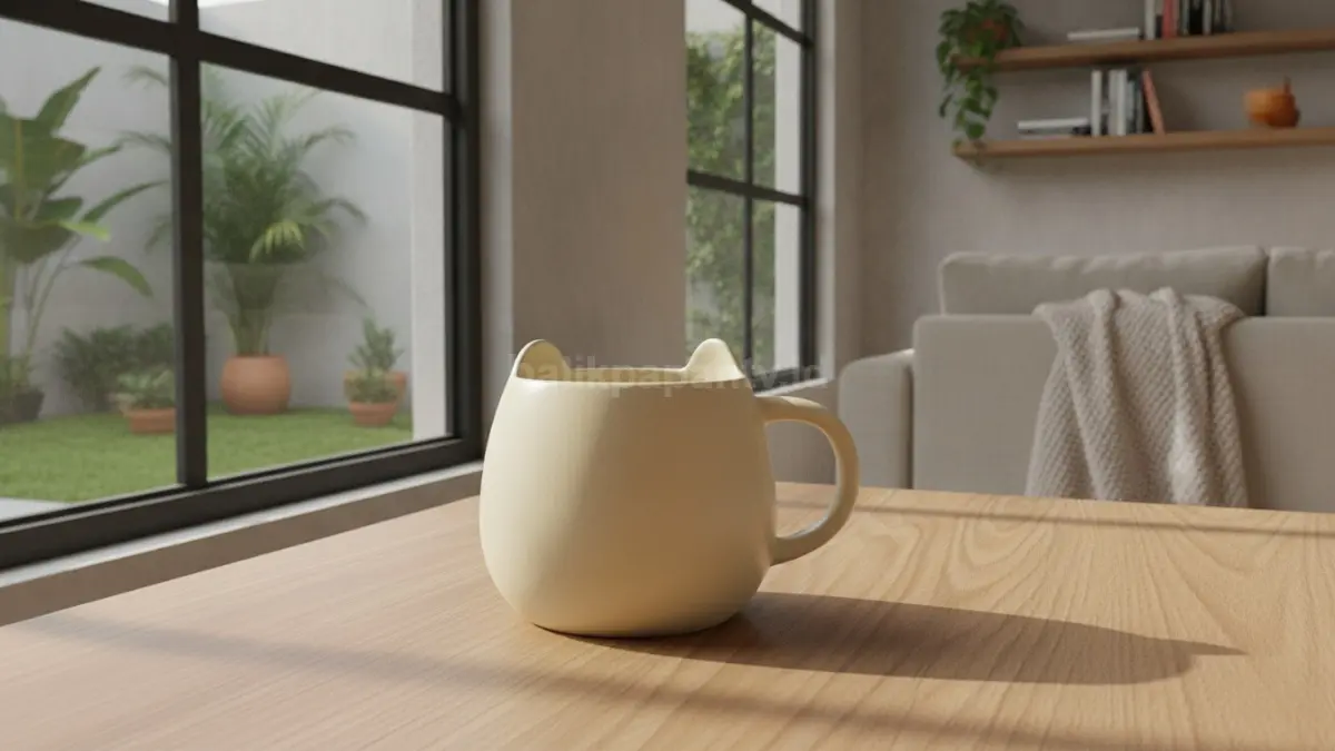 Mug beruang warna gading menghadirkan tampilan sederhana yang hangat dan timeless untuk penggunaan sehari-hari. (BTV/Ai)